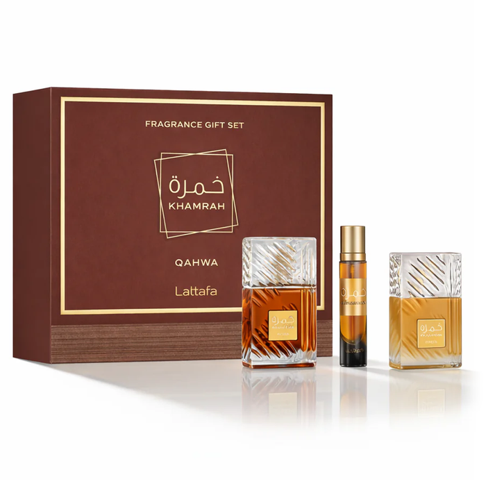 Khamrah Qahwa by Lattafa 100ml EDP 3 Piece Gift Set