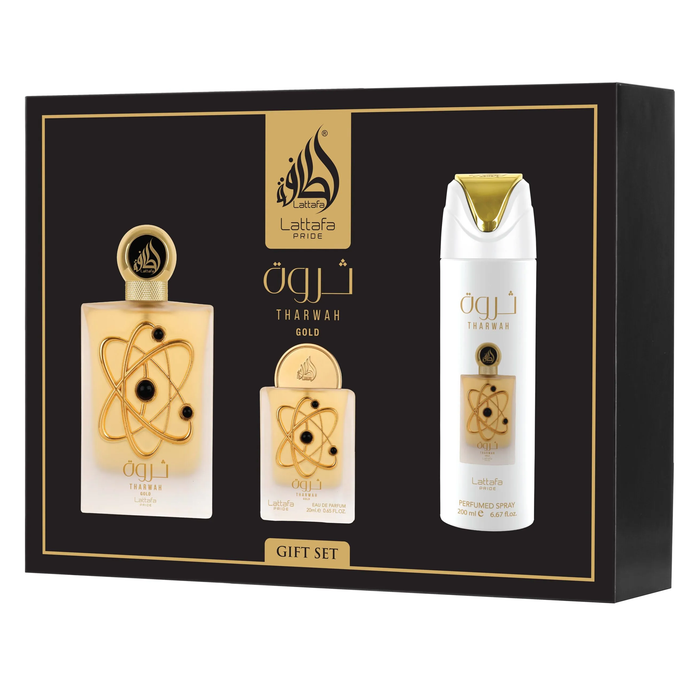 Tharwah Gold by Lattafa 100ml EDP 3 Piece Gift Set